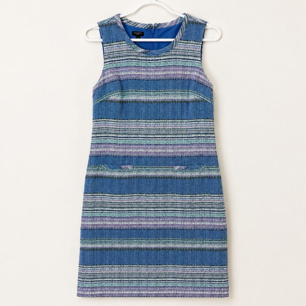 Women’s Blue Multicolor Tweed Sheath Dress Petite 6P Talbots Sleeveless Lined